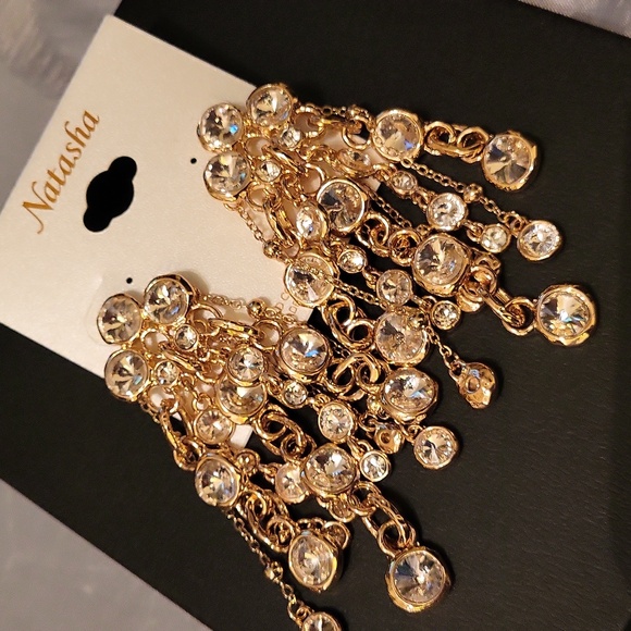 Natasha Couture Gold and Crystal Dangle Cluster Earrings Brand New Rt Th - Picture 1 of 4
